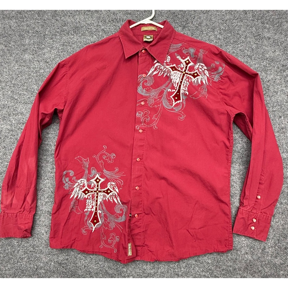 Lamasini Jeans Mens Red Winged Cross Studded‎ Graphic Button Down Shirt Large
